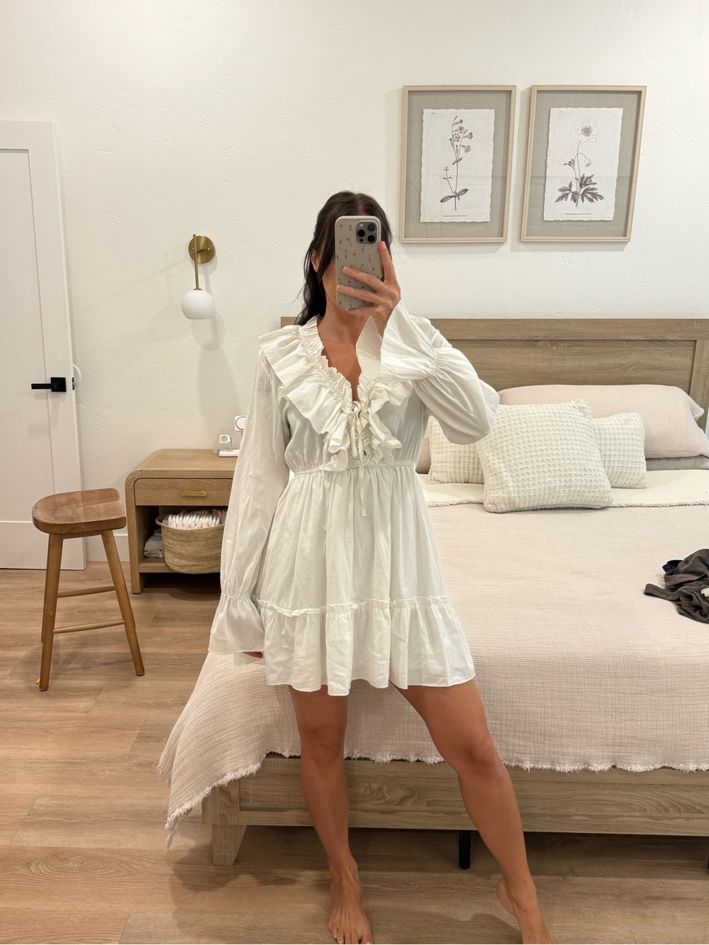 Ruffled V-Neck Mini Dress - White